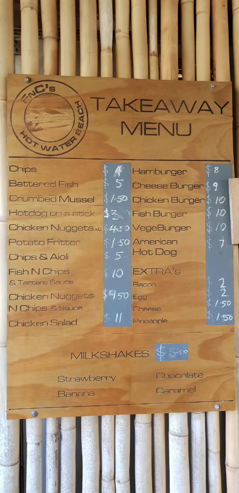 Menu at FNC's - Fish And Chips restaurant, Hot Water Beach