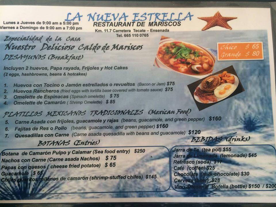 Menu at La Nueva Estrella restaurant, Tecate