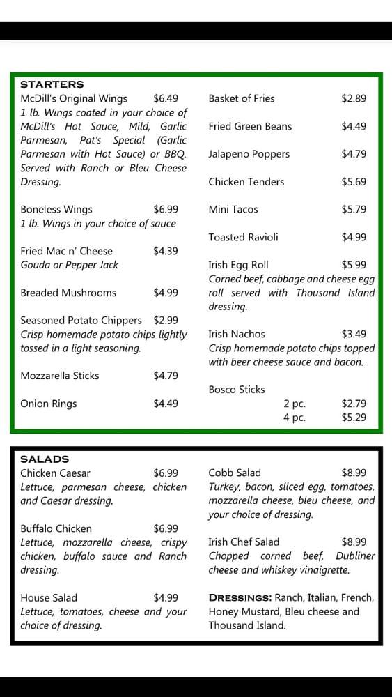 Menu at McDill's Irish Pub, Collinsville