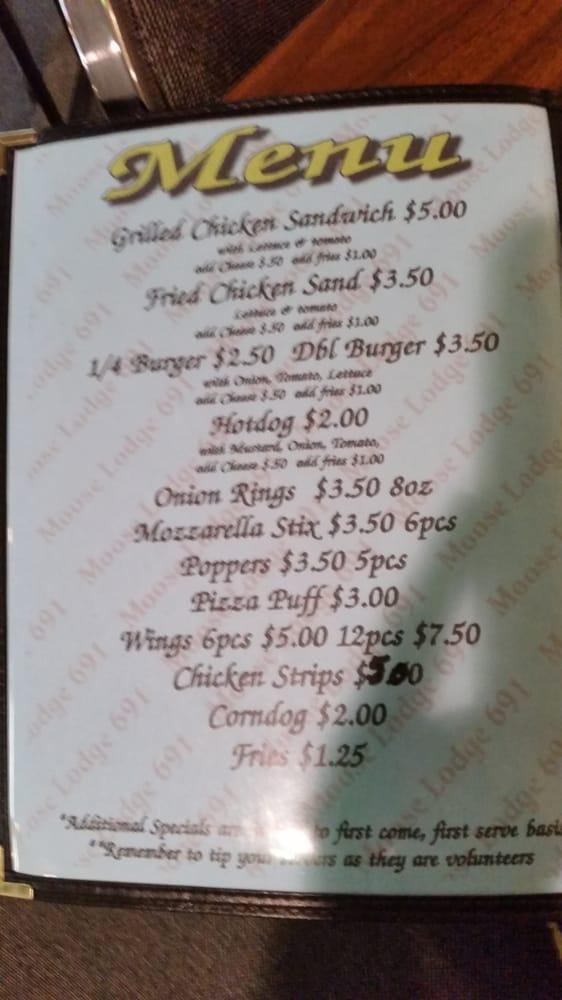 Menu at Moose Lodge No 691 pub & bar, Johnsburg