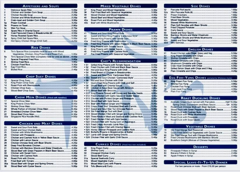 Menu at Tin's Super Kitchen restaurant, Colchester