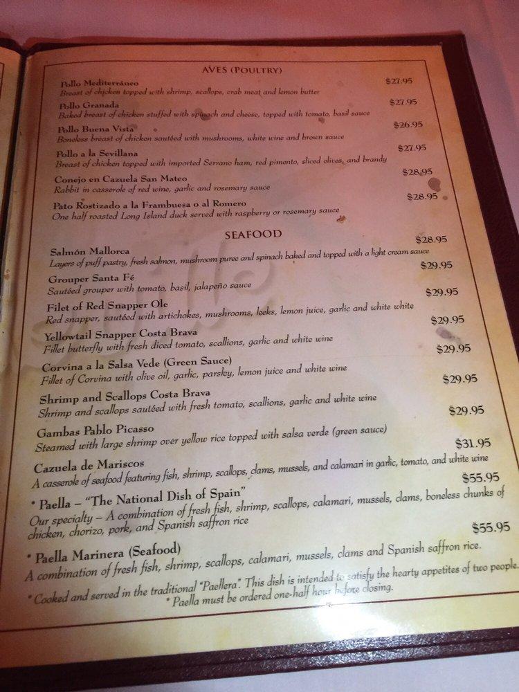 Menu at Cafe Seville, Fort Lauderdale