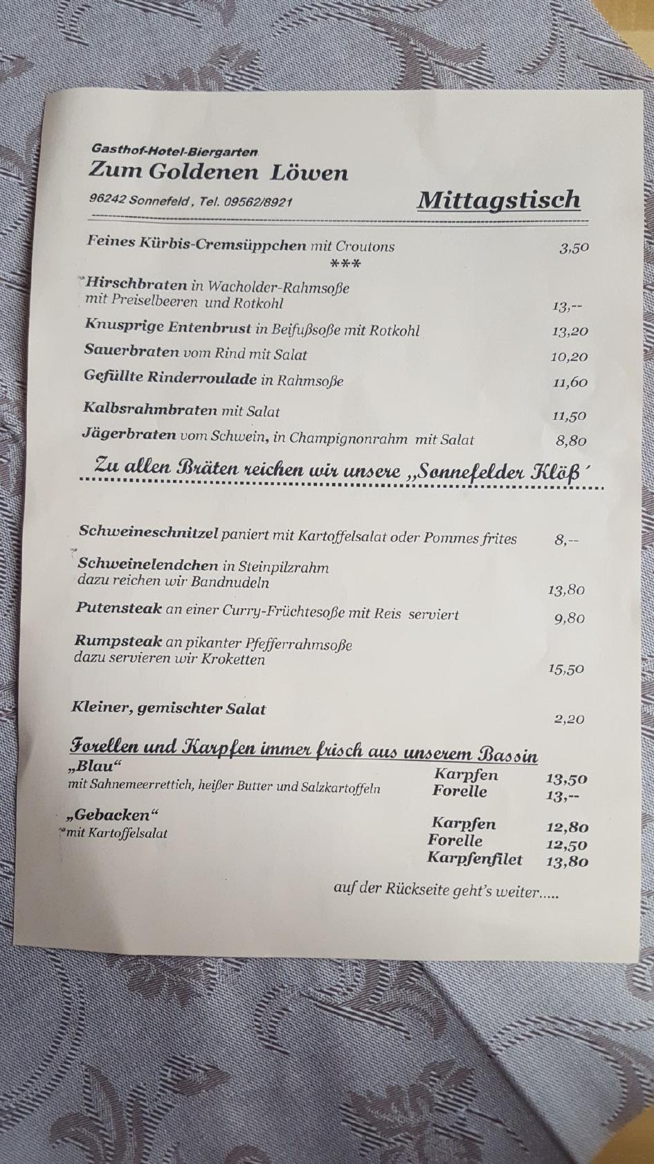 Speisekarte von Zum Goldenen Löwen restaurant Sonnefeld