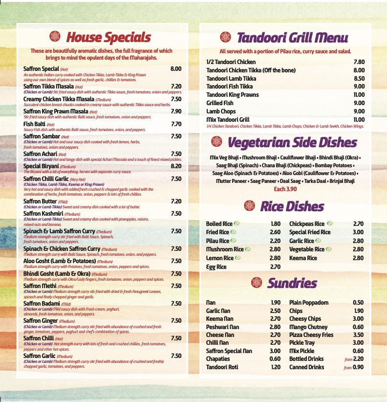 Menu at Saffron restaurant, Denby Dale