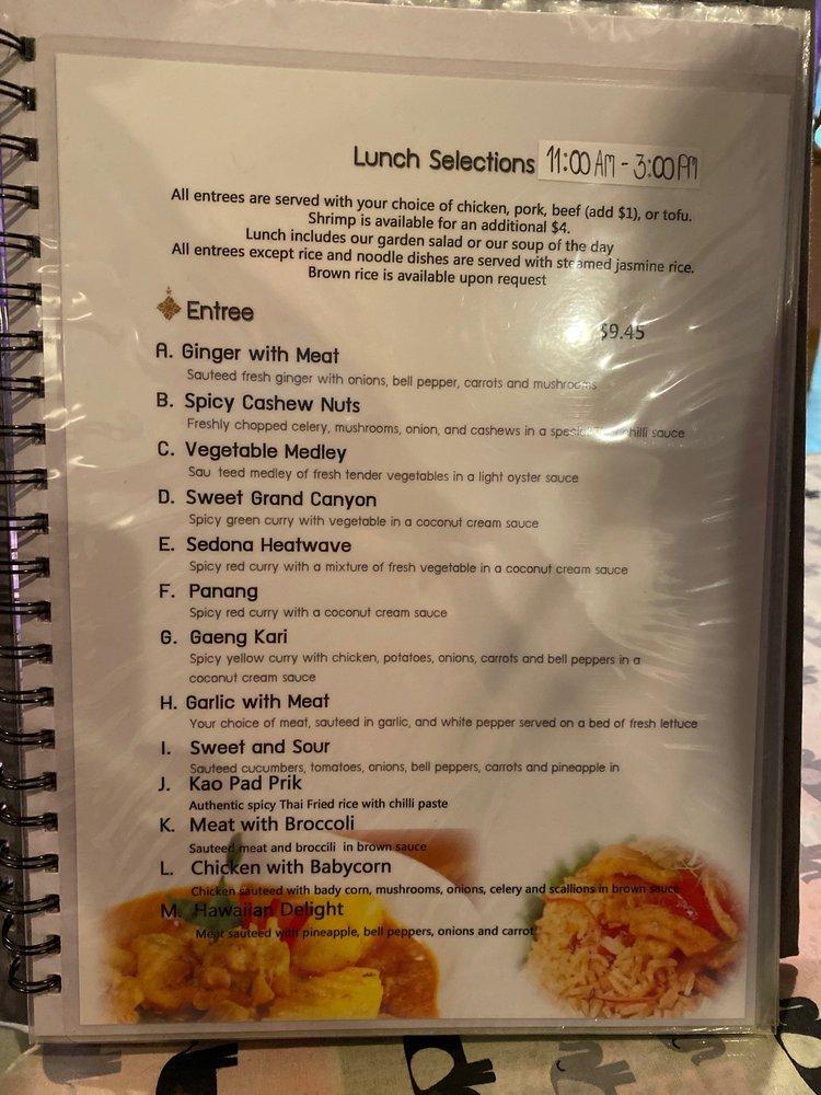 Menu at Thai Gardens restaurant, Lake Montezuma