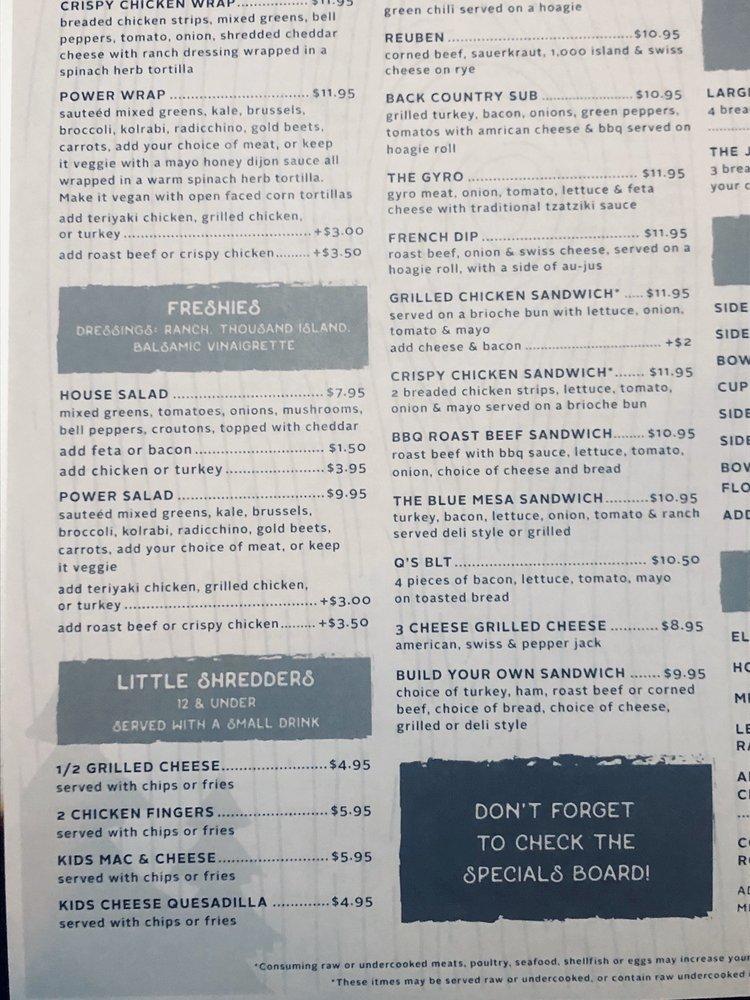 Menu at Back Country Cafe, Gunnison