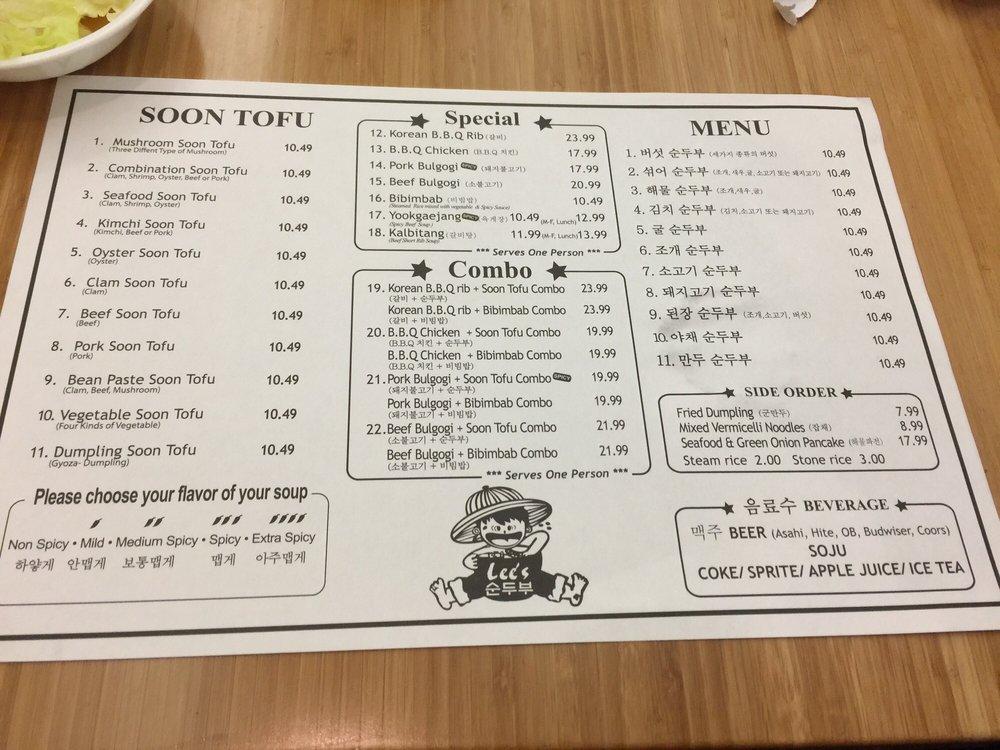 Menu at Lee's Tofu BBQ, Gardena