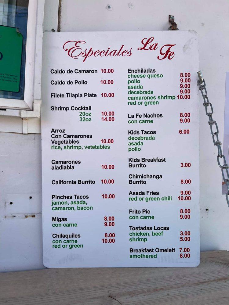 Menu at Tacos y burritos la fe food truck restaurant, Santa Fe