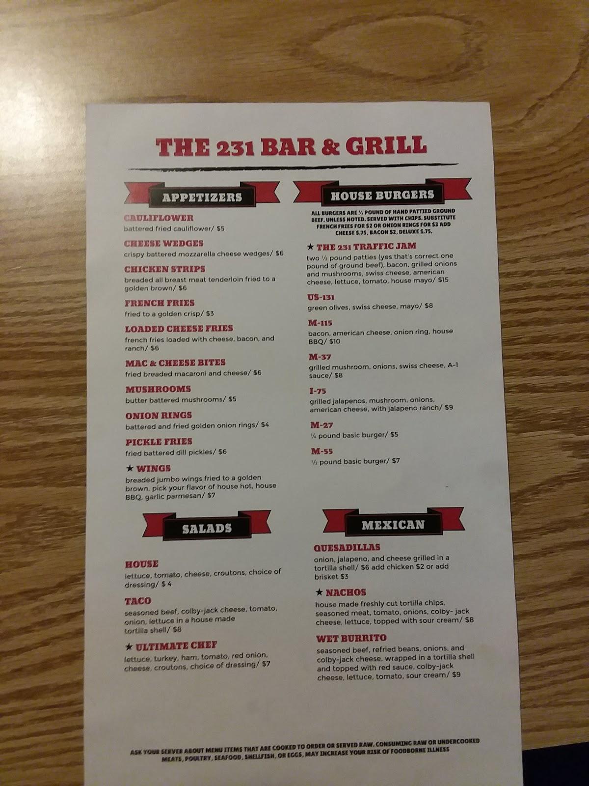 Menu at The 231 Bar & Grill, Thompsonville