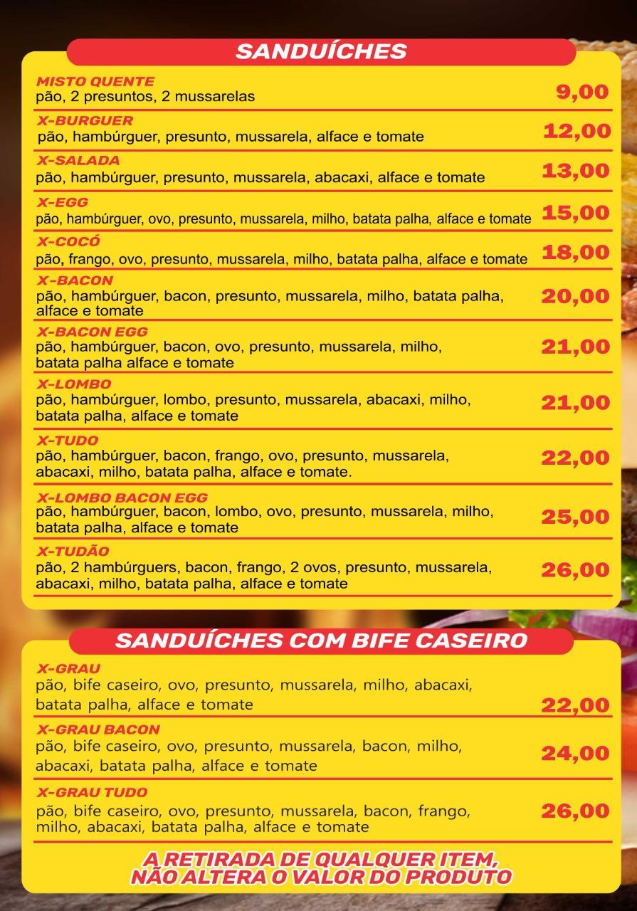 Zero Grau cardápio