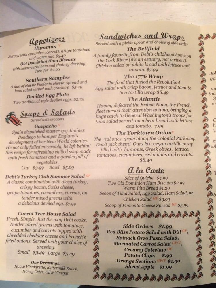 Menu at Carrot Tree Kitchens cafe, Williamsburg, Jamestown Rd