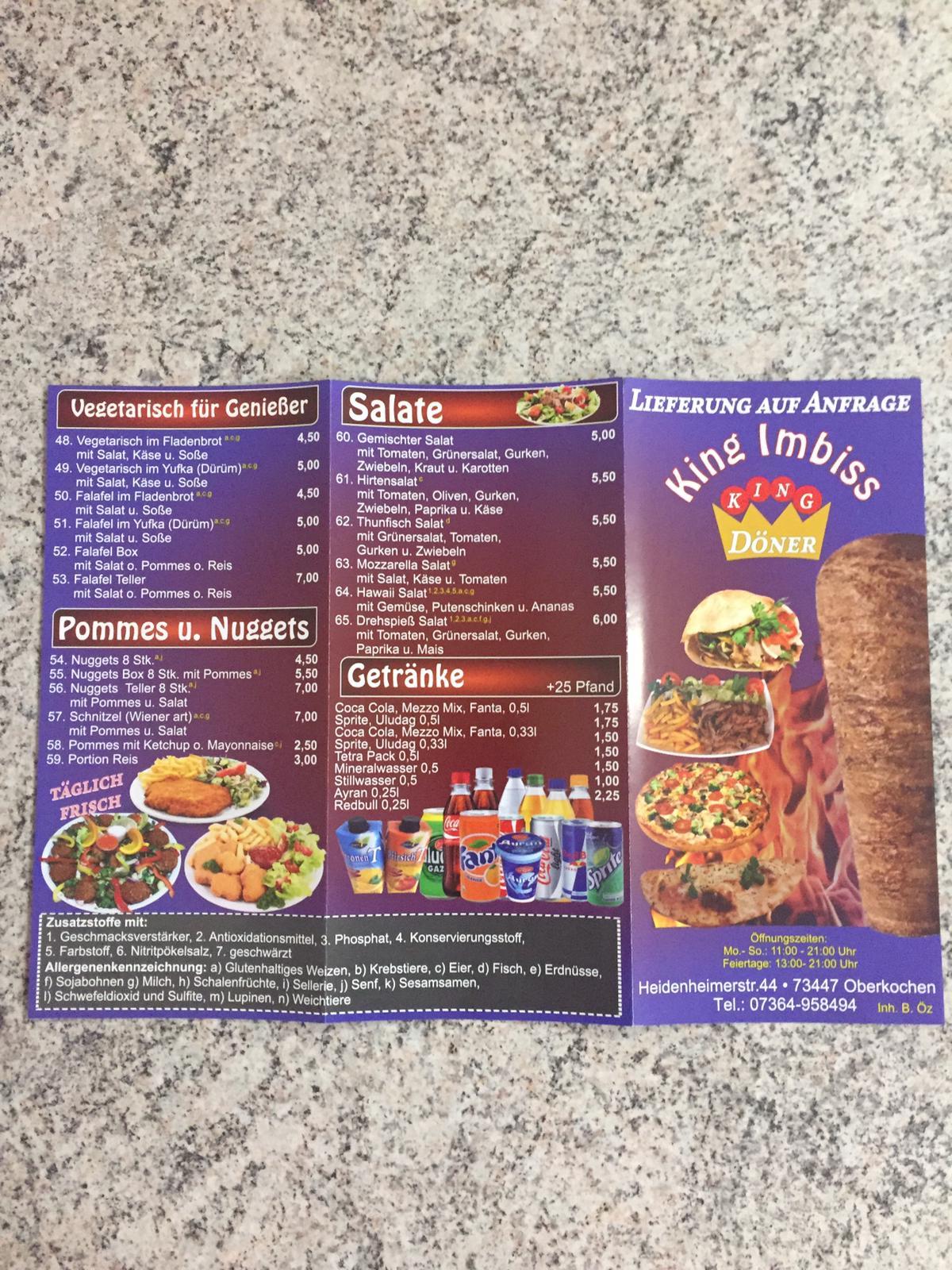 Speisekarte von King Döner Pizza Oberkochen