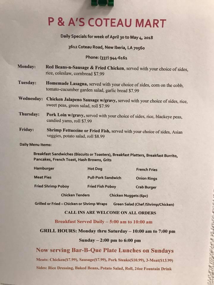 Menu at P & A's Coteau Mart restaurant, USA