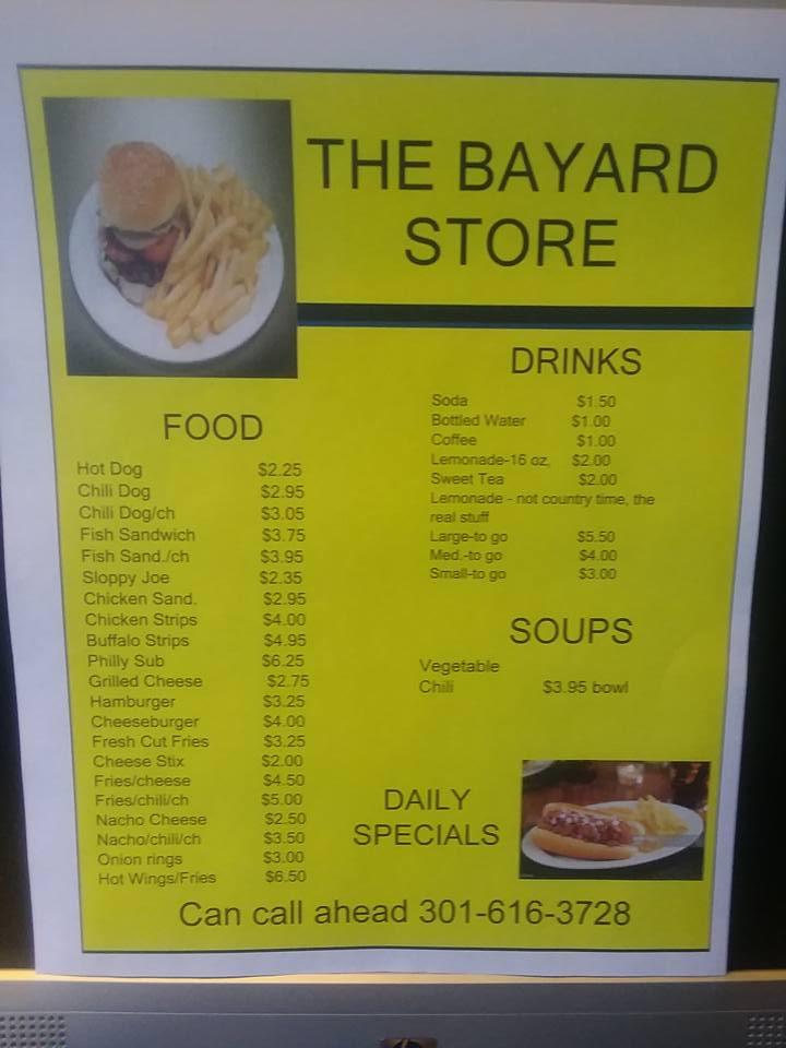 Menu at The Bayard Store restaurant, Bayard