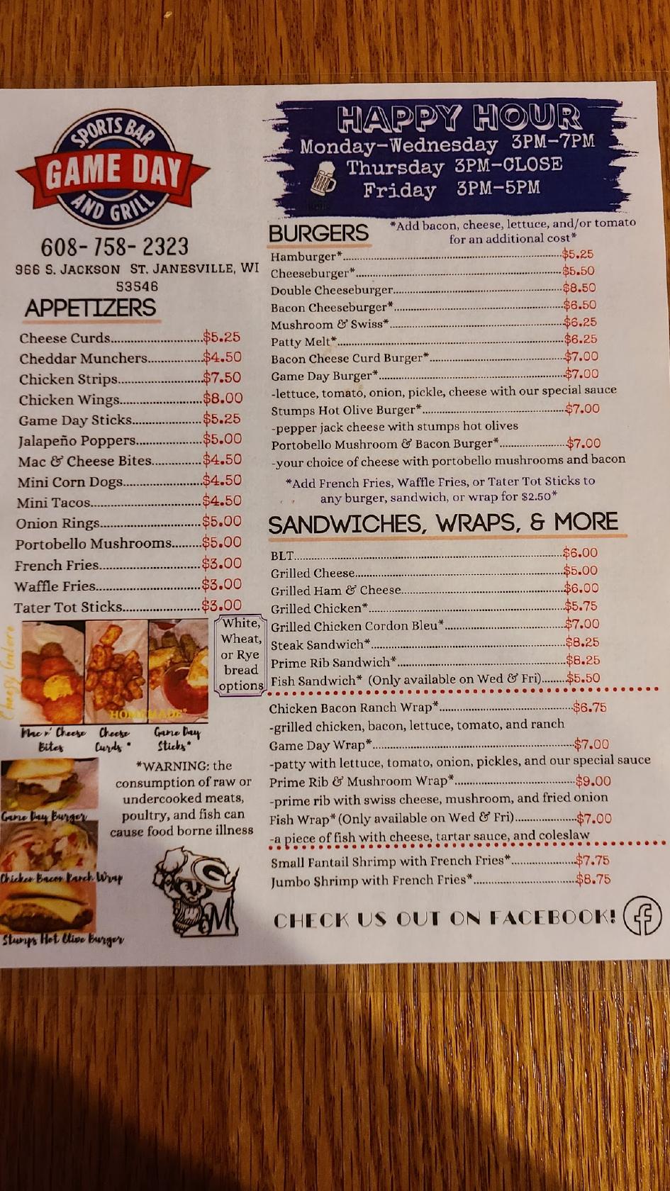 Menu at Game Day Sports Bar & Grill, Janesville