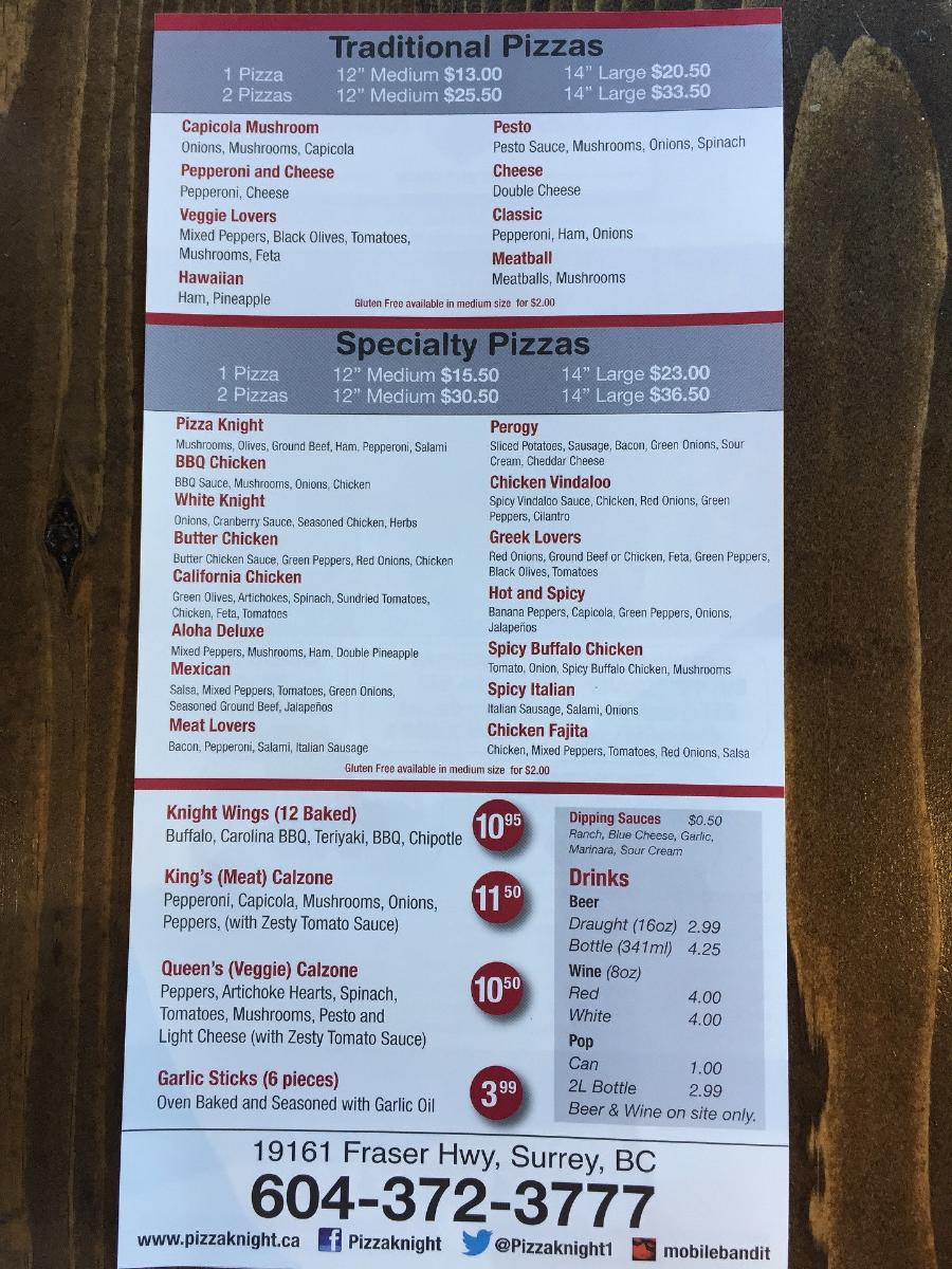 Menu at Pizza Knight pizzeria, Surrey
