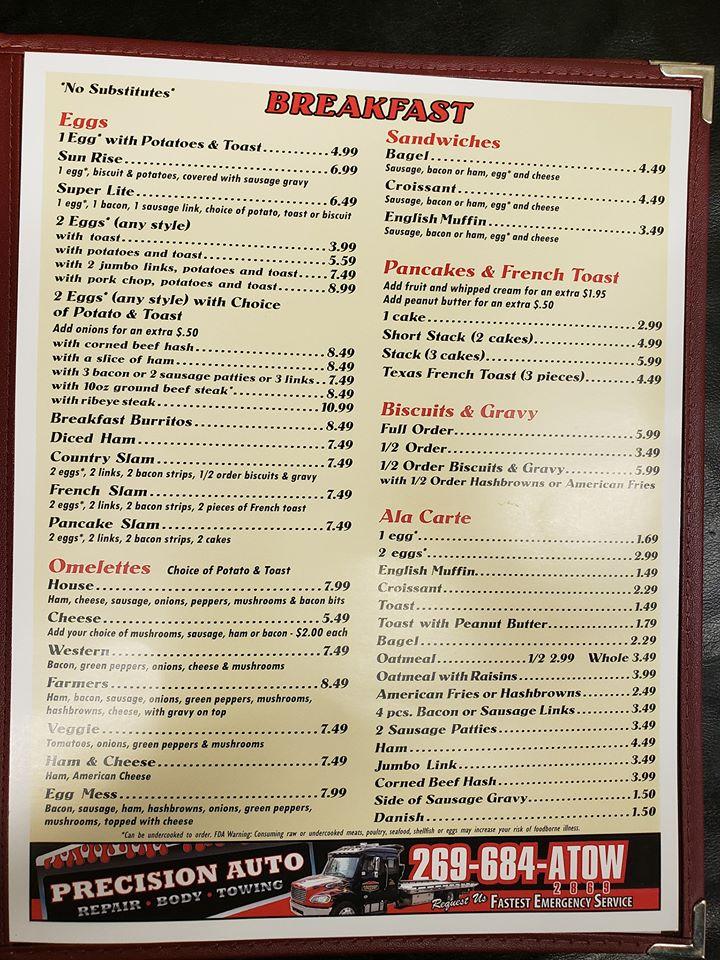 Menu at Spicy's restaurant, Edwardsburg
