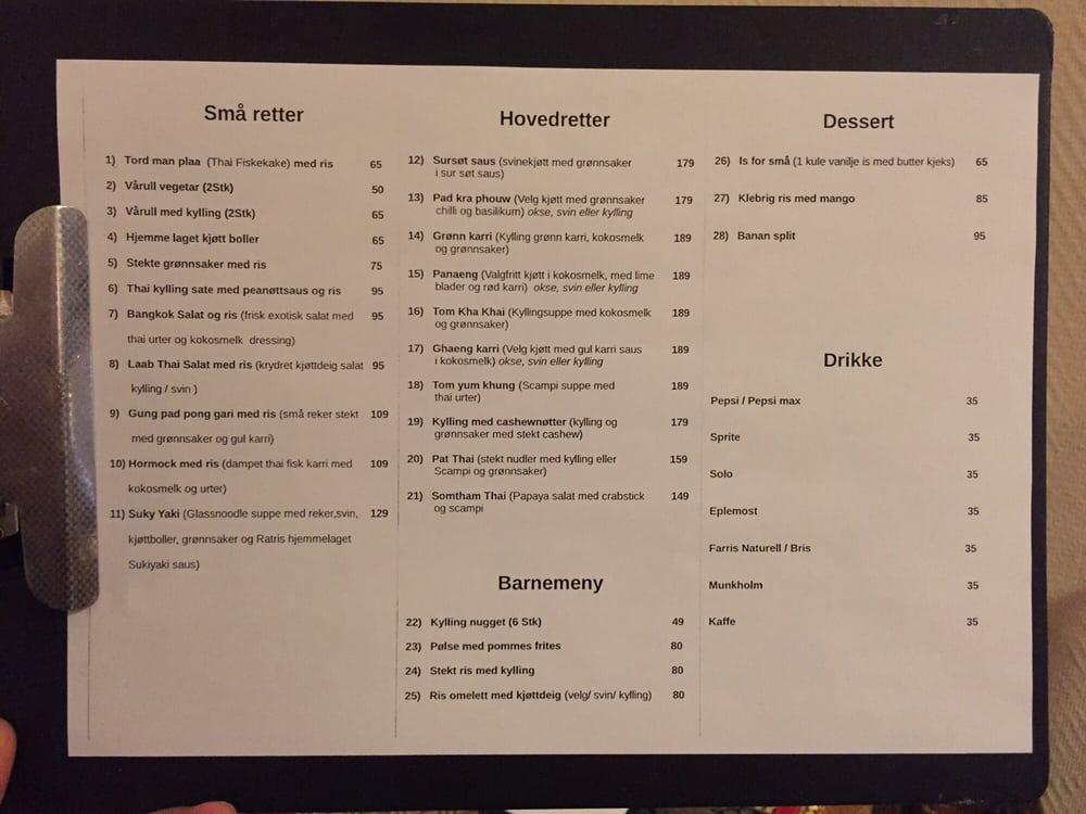 Menu at Thai Chilli restaurant, Larvik