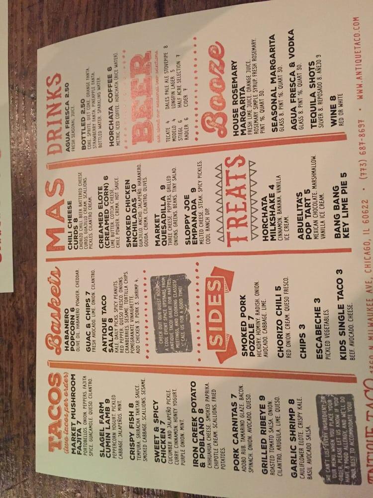Menu at Antique Taco Wicker Park restaurant, Chicago, N Milwaukee Ave
