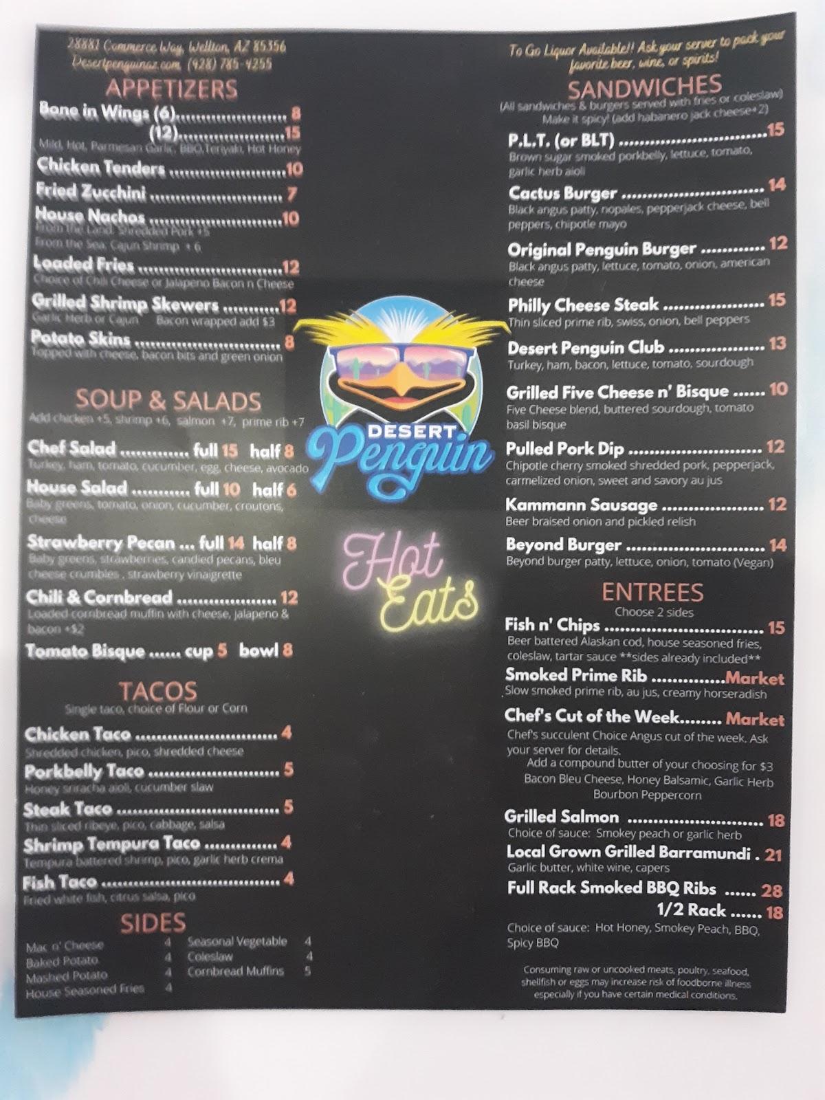 Carta de Desert Penguin Bar & Grill, Wellton