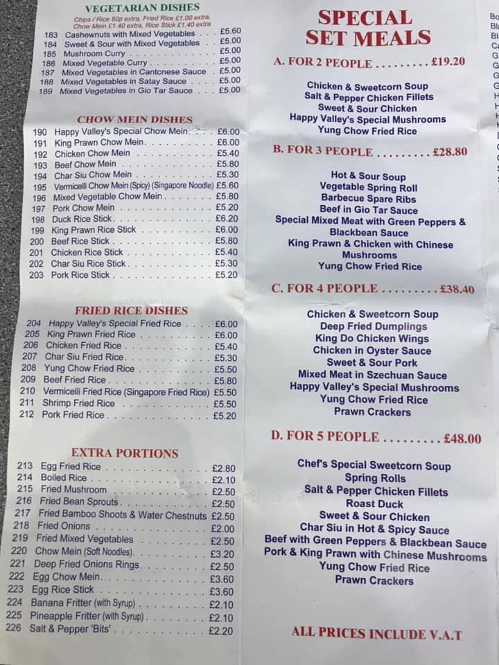 Menu at Happy Valley Chinese Takeaway restaurant, Bacup