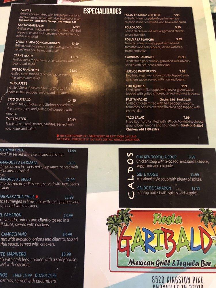 Menu at Fiesta Garibaldi Mexican Grill and Tequila Bar, Knoxville