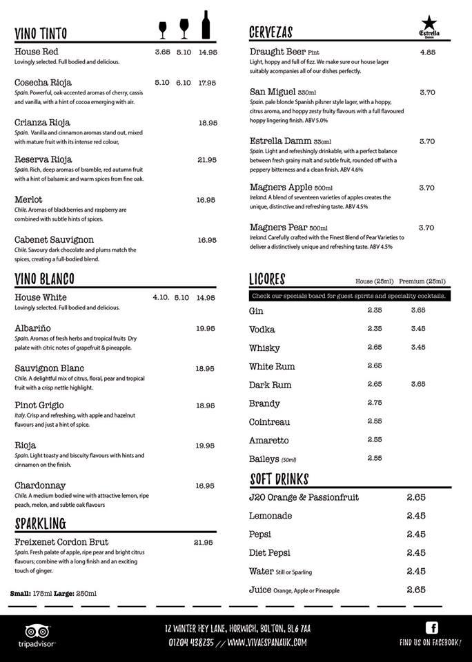 Menu At Viva Espa a Restaurant Bolton