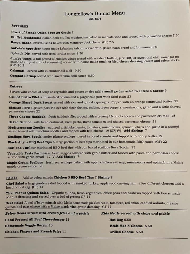 Menu at Longfellow's Restaurant, Kingfield
