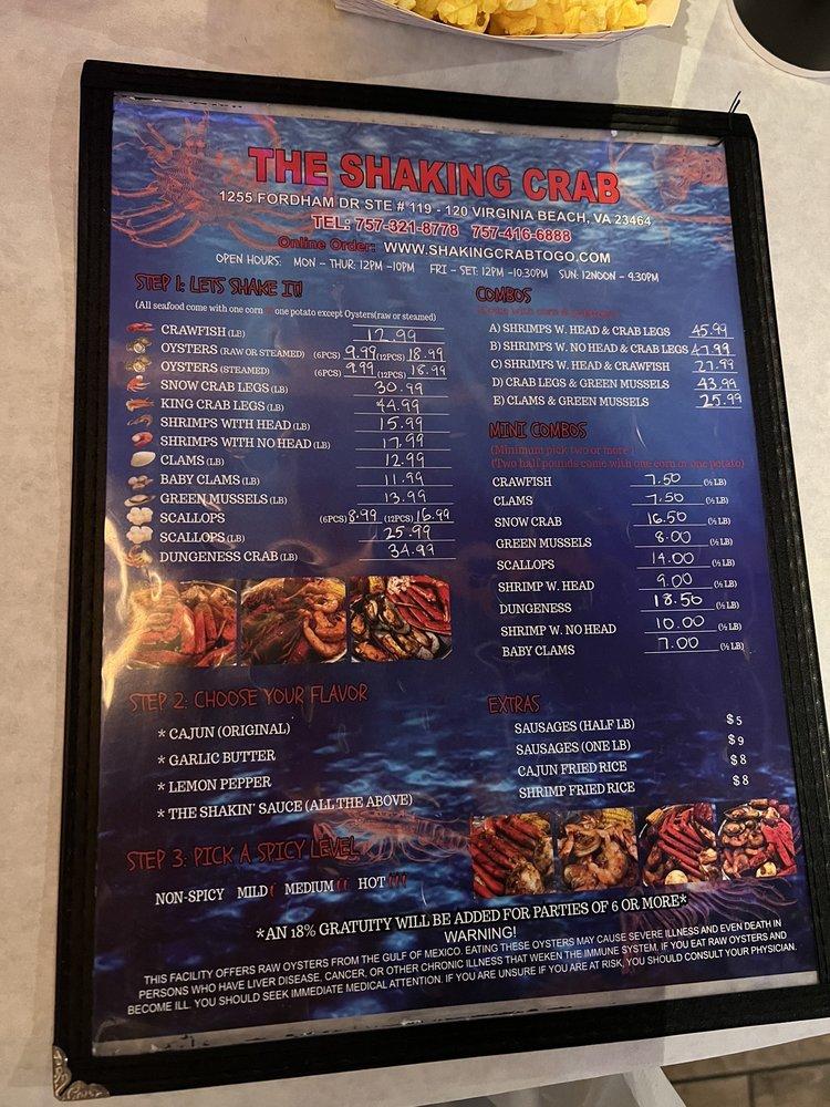 Menu at Shaking Crab restaurant, Virginia Beach