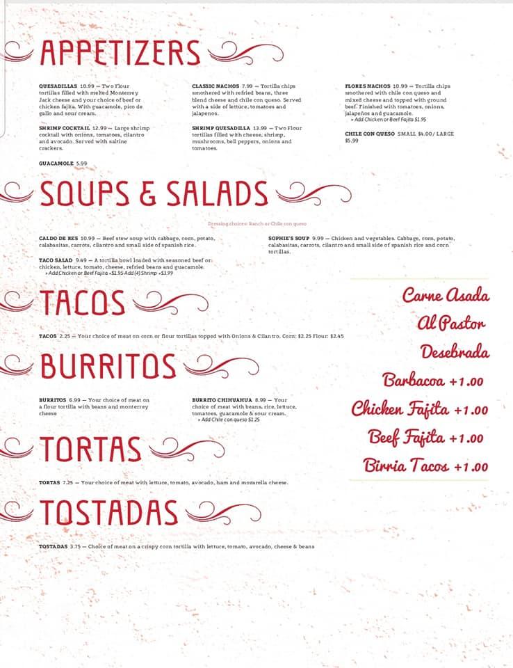 Menu at Taquería Flores restaurant, Santa Fe