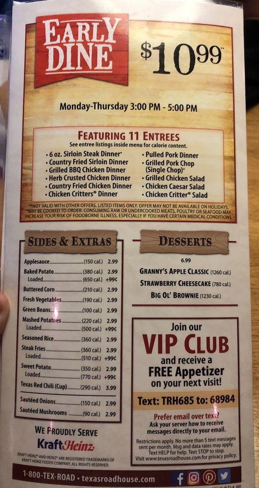 Menu at Texas Roadhouse steakhouse, El Cajon