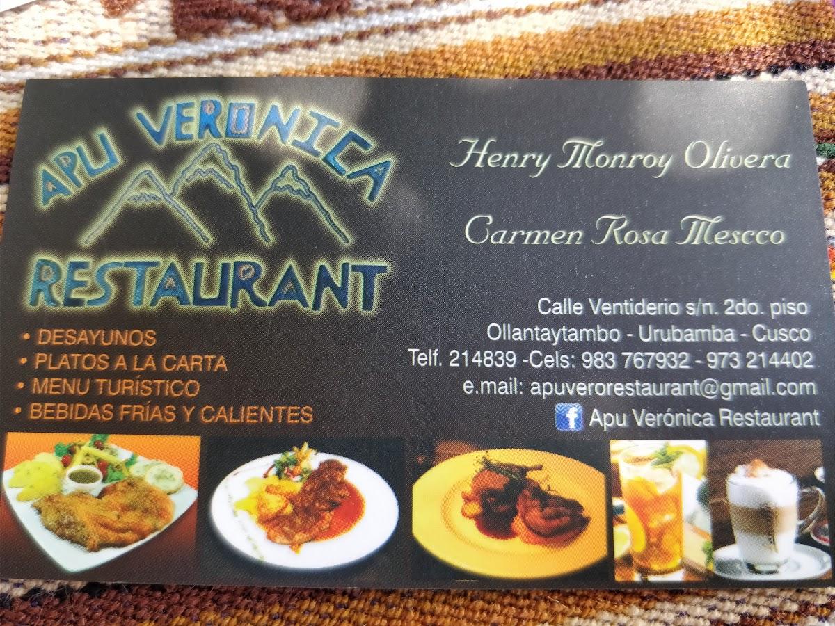 Menu at Apu Veronica Restaurant, Ollantaytambo