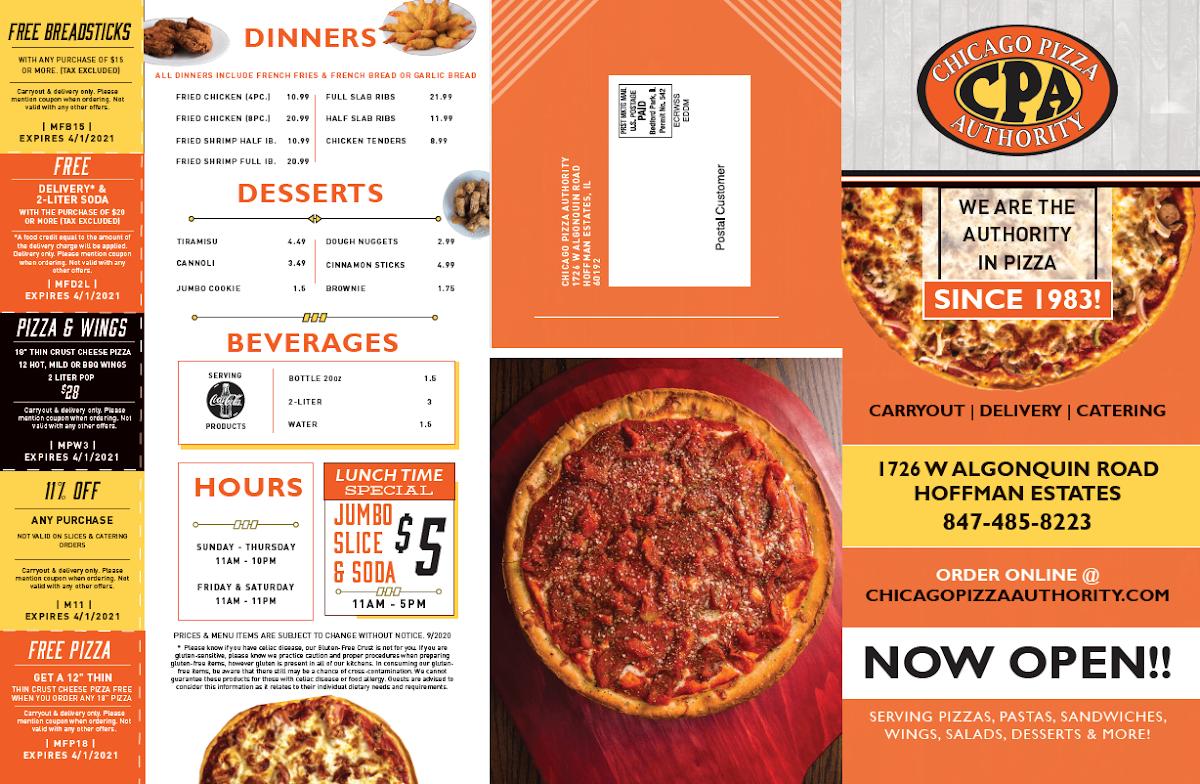 Menu at Chicago Pizza Authority pizzeria, Hoffman Estates