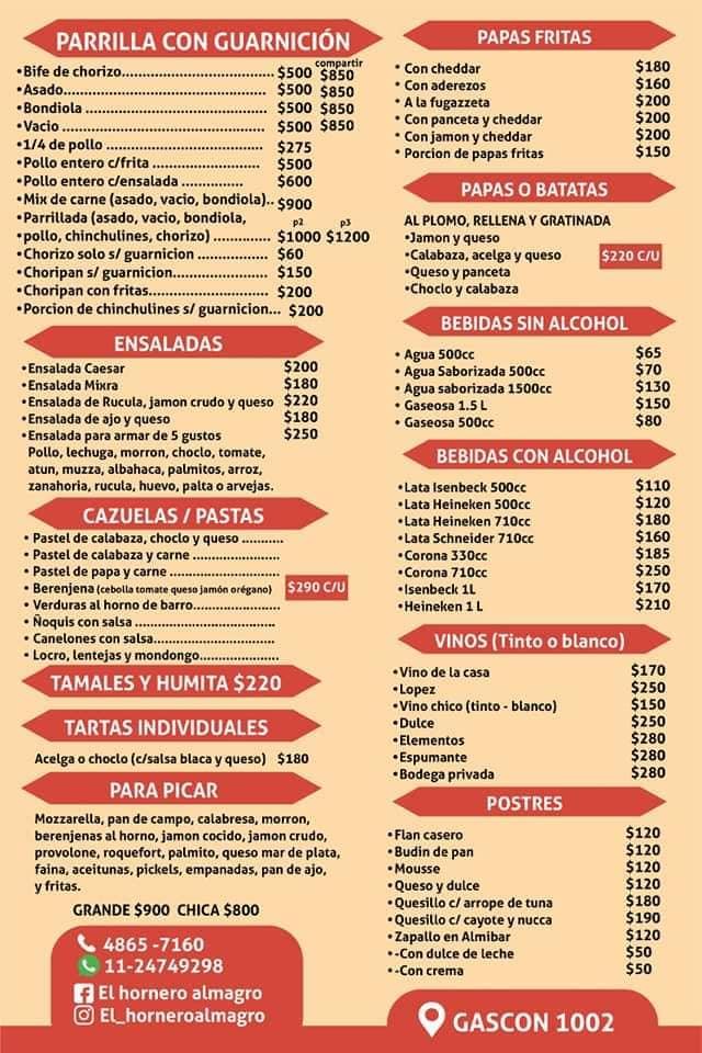 Menu at El Hornero restaurant, Buenos Aires, Gascón 1002