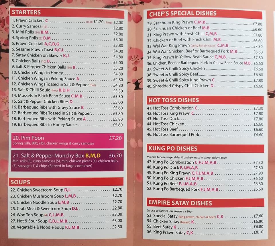 Menu at Empire fast food, Clydebank