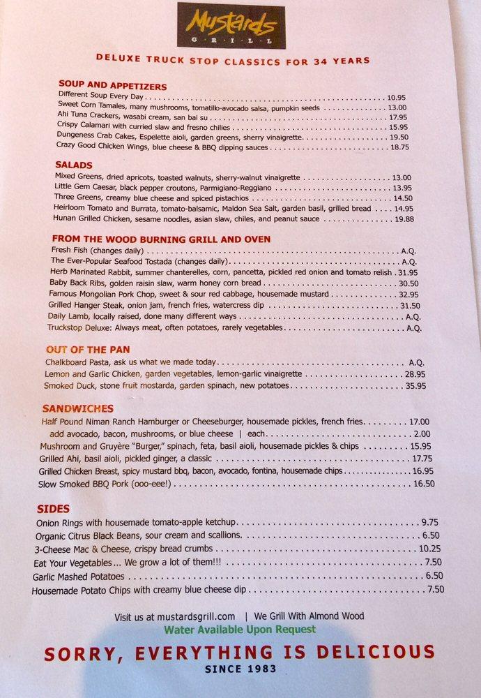 Menu at Mustards Grill restaurant, Yountville, St Helena Hwy