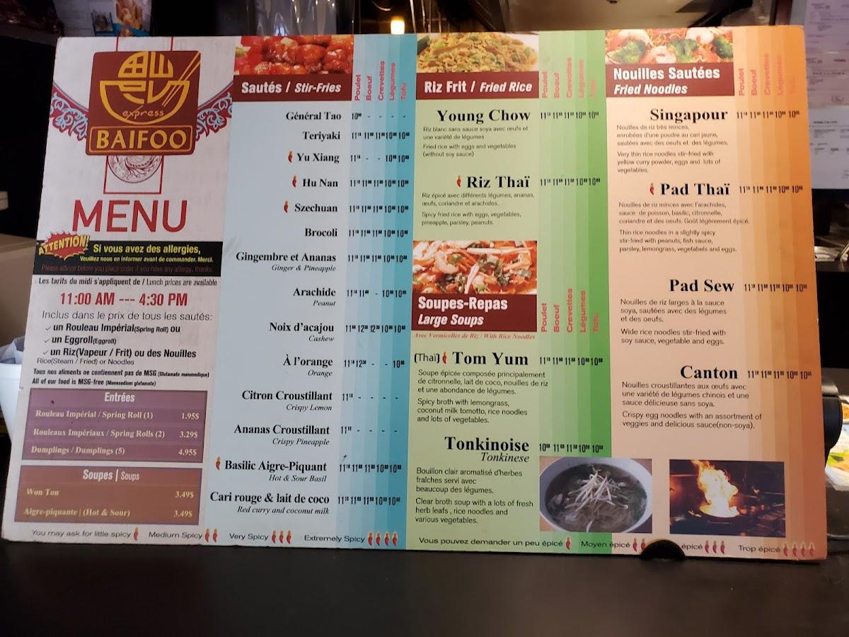 Menu at Baifoo Express restaurant, Québec City