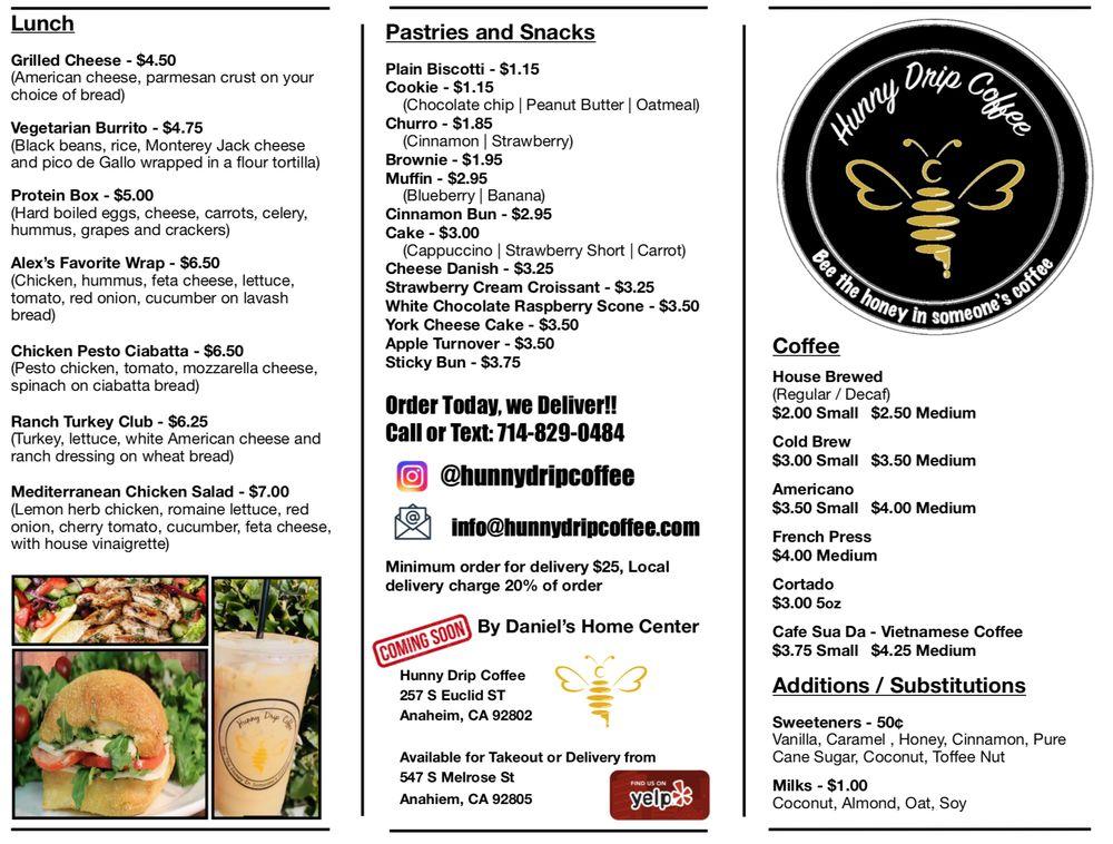 Menu at Hunny Drip Coffee cafe, Anaheim