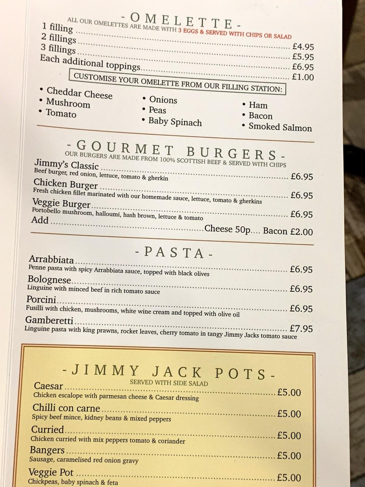 Menu at Jimmy Jacks cafe, London