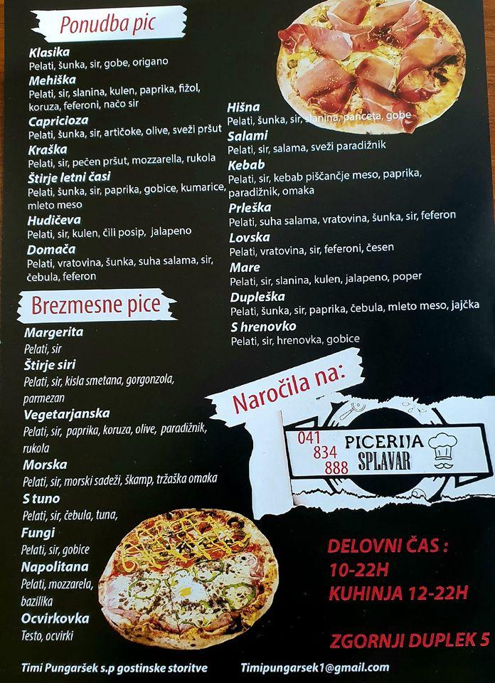 Carta de pizzería Picerija Splavar, Zgornji Duplek
