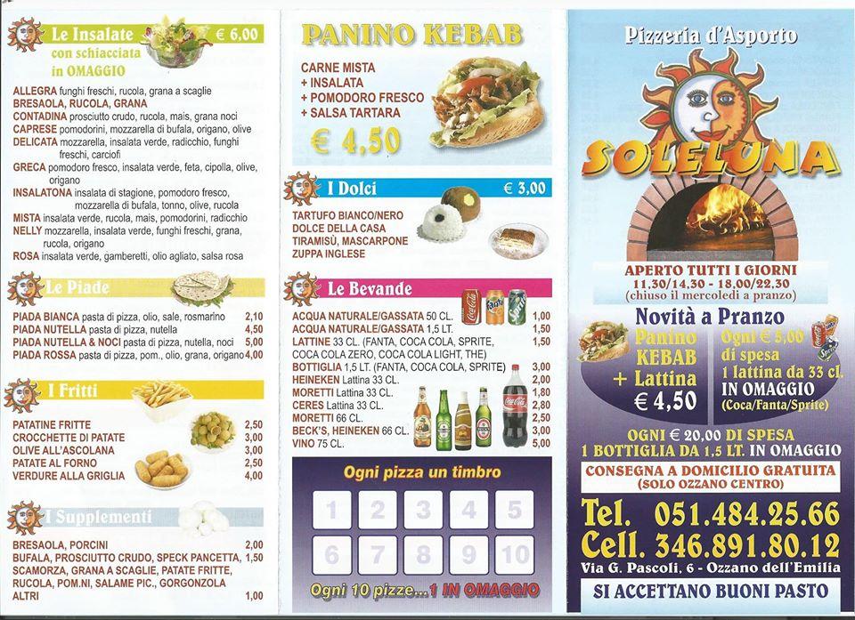 Carta de Pizzeria Soleluna, Bolonia