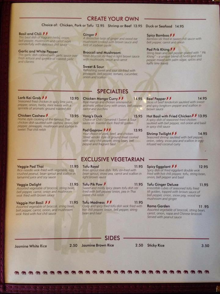 Menu at Vong's Thai Cuisine restaurant, Pittsfield