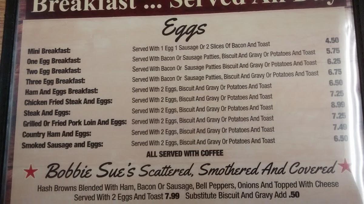 Menu at Bobbie Sue's Restaurant, Mountain Home, Hwy 62 E