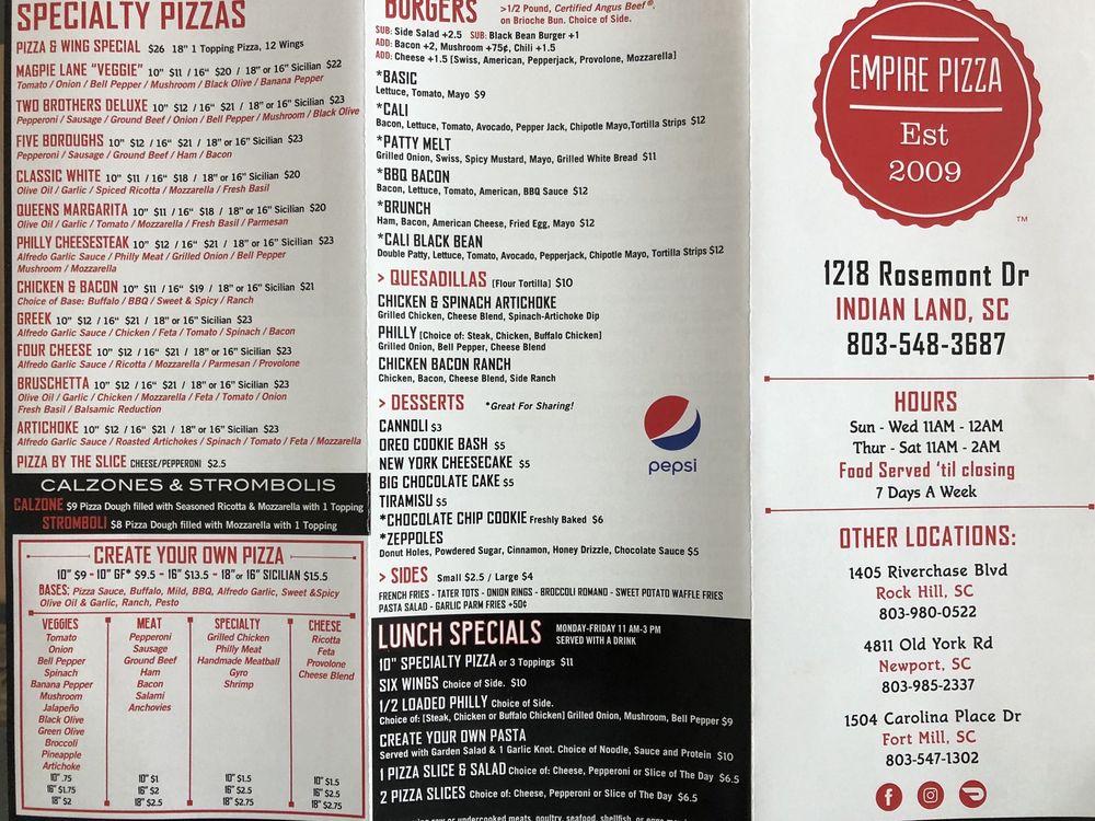 Menu at Empire Pizza Indian Land pizzeria, Indian Land, Rosemont Dr