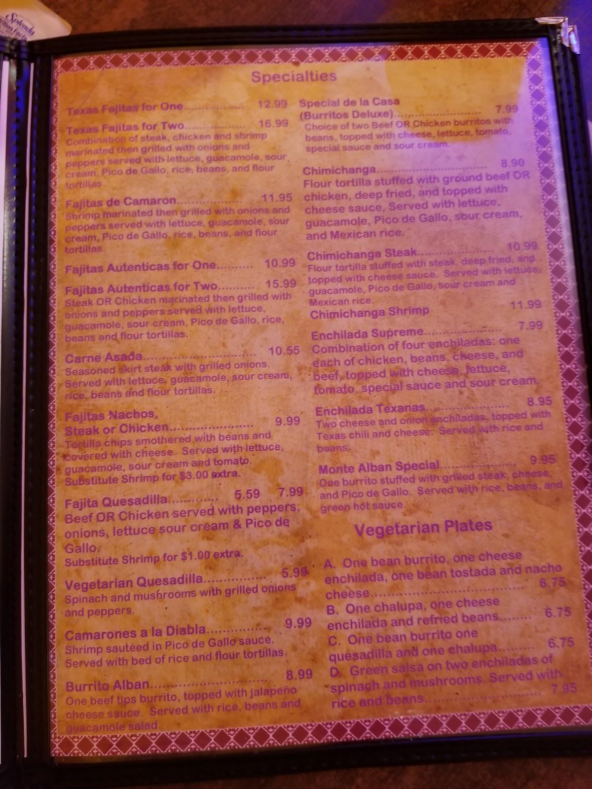 Menu at Monte Alban Mexican Restaurant 1, Lineville