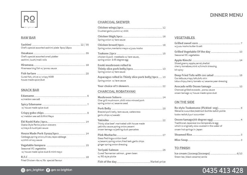 Menu at Ro Brighton restaurant, Brighton