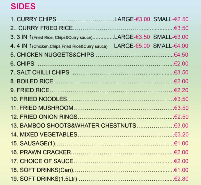 Menu at Rainbow House restaurant, Kildare, 3 Claredon Court