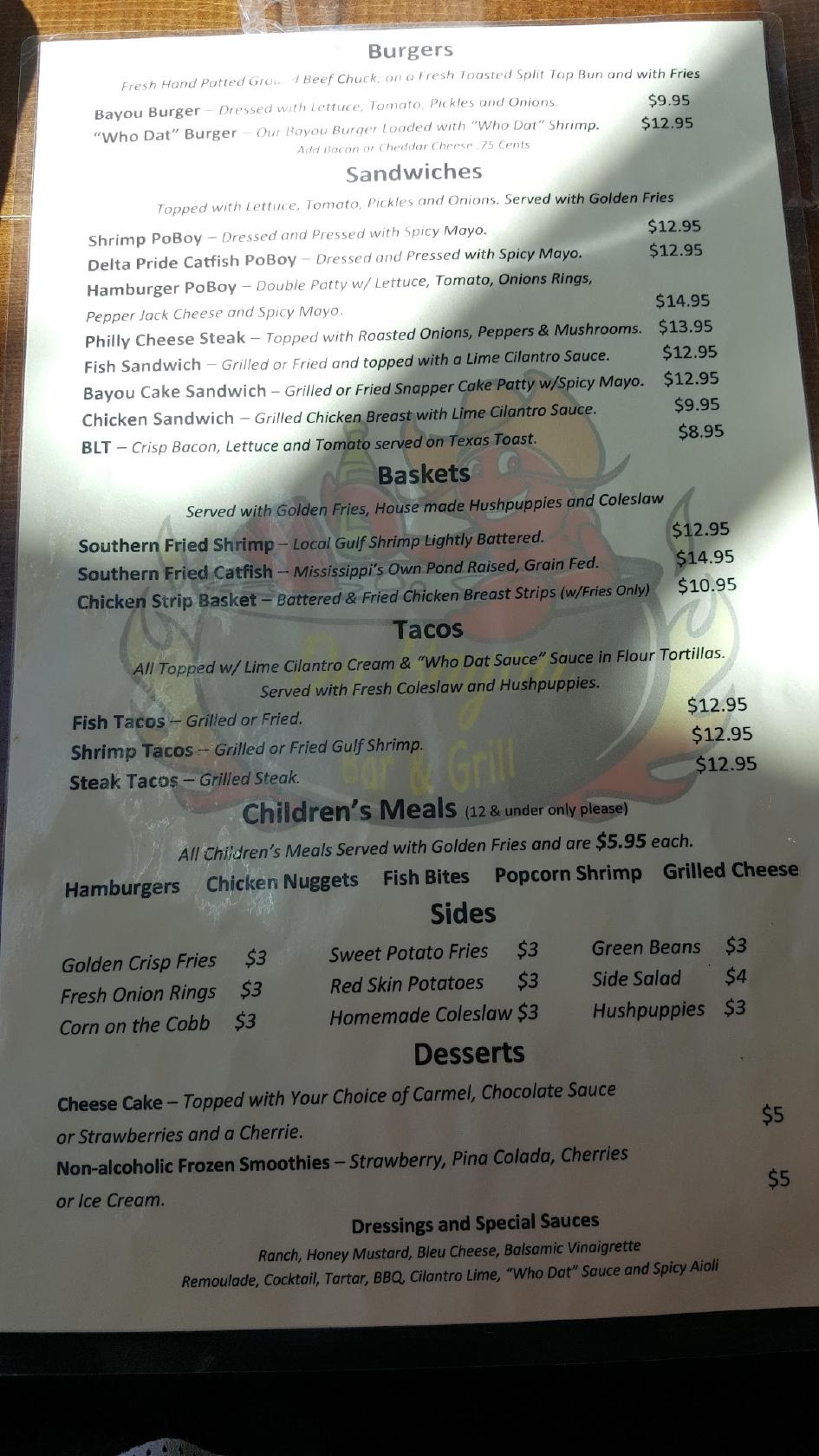 Menu at The Bayou Dockside Bar & Grill, Ocean Springs