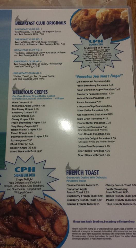 Menu at Cudahy's Pancake House restaurant, Cudahy