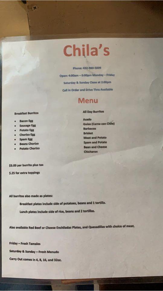 Menu at Chila's restaurant, Fort Stockton